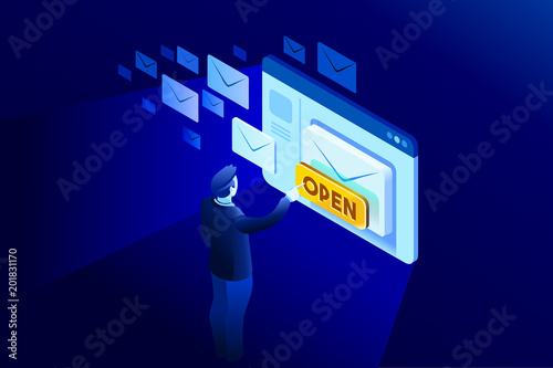 Contact us, new email for receiving newsletter communication. Isometric illustration for web banner, infographics, hero images. Flat vector illustration isolated on blue background. photo