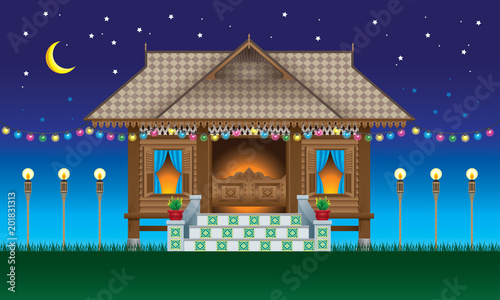 A beautiful traditional wooden Malay style village house.