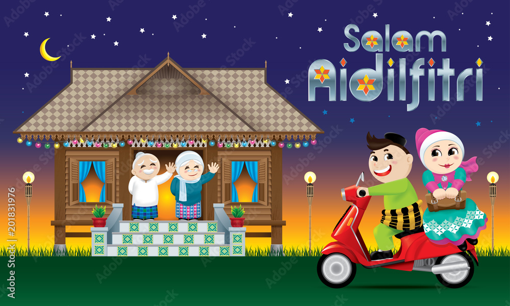 A couple is just arrive their home town, ready to celebrate Raya festival with their parents. The words A couple is just arrive their home town, ready to celebrate Raya festival with their parents. The words