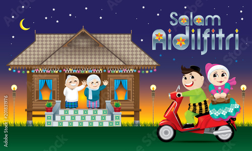 A couple is just arrive their home town, ready to celebrate Raya festival with their parents. The words "Salam Aidilfitri" means happy Hari Raya.