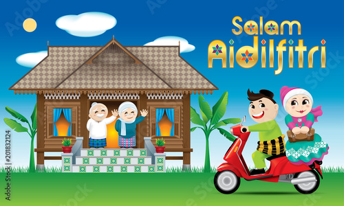 A couple is just arrive their home town, ready to celebrate Raya festival with their parents. The words "Salam Aidilfitri" means happy Hari Raya.