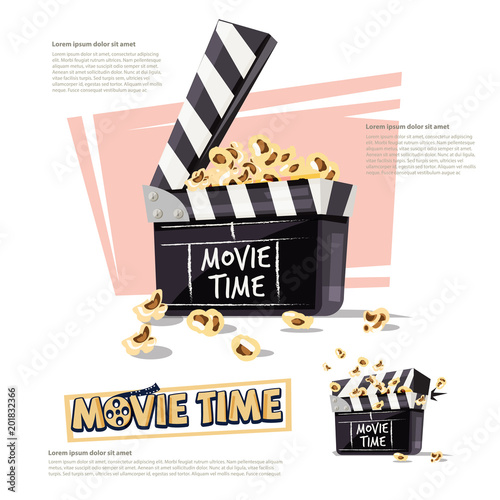 Movie clapper with popcorn. movie time concept - vector illustration