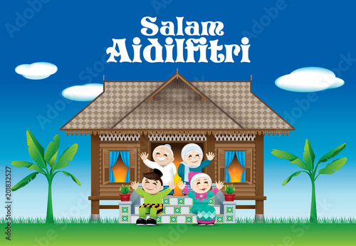 A Muslim family celebrating Raya festival in their traditional Malay style house. With village scene. The words "Salam Aidilfitri" means happy Hari Raya.