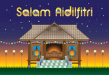 A beautiful traditional wooden Malay style village house. With village scene. The words 