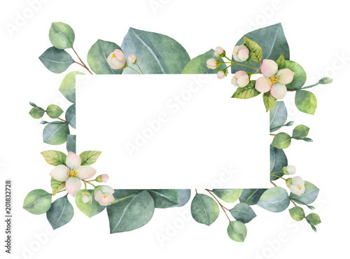 Watercolor vector green floral card with eucalyptus leaves, Jasmine flowers and branches isolated on white background.