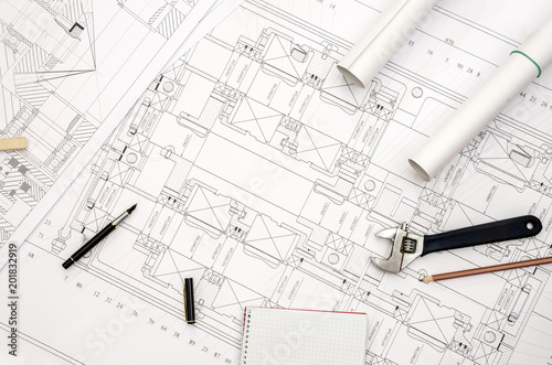 detailed engineering drawing on paper - close up
