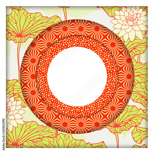 asian style paper cut frame with lotus flower in green and red