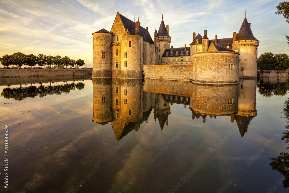 The chateau of Sully-sur-Loire at sunset, France. Castle is located in the Loire Valley. Sully-sur-Loire, France.