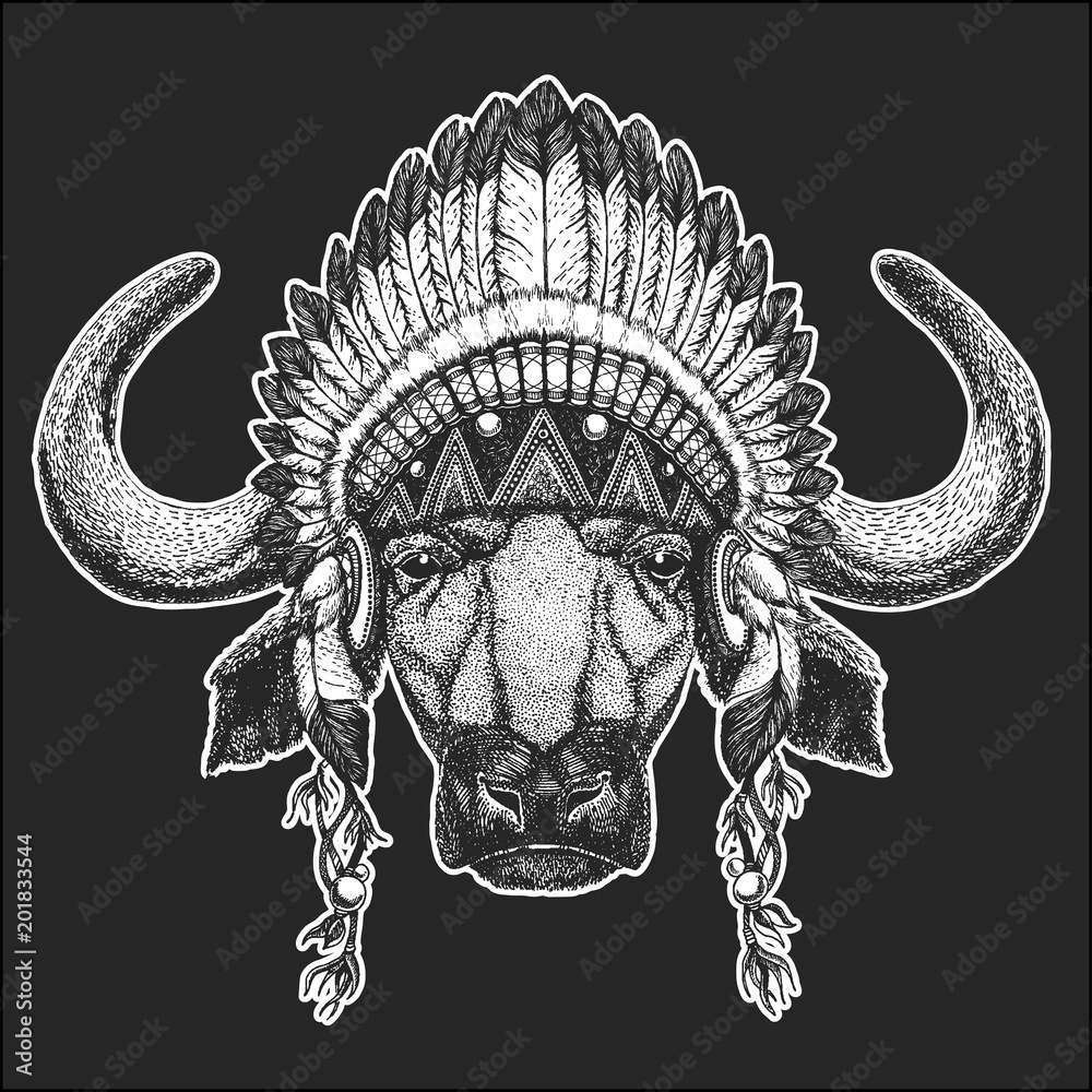 Buffalo, bull, ox Cool animal wearing native american indian headdress with  feathers Boho chic style Hand drawn image for tattoo, emblem, badge, logo,  patch Stock Vector | Adobe Stock