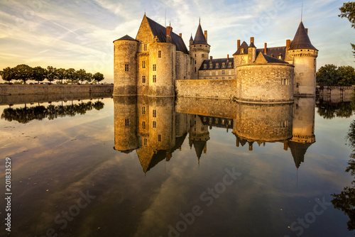 The chateau of Sully-sur-Loire at sunset, France. Castle is located in the Loire Valley. Sully-sur-Loire, France.