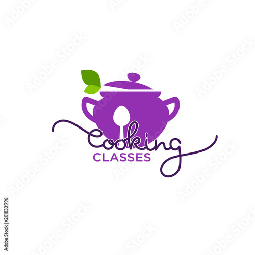 Cooking classes logo template,  image of cooking pot, spoon,  and fresh herbs with simple lettering composition