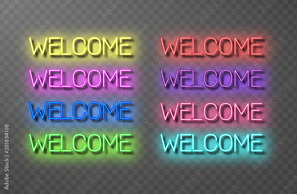 Set of neon welcome inscriptions of various colours. Glowing letters with shining effect on transparent background. Vector illustration isolated, neon electric lamp shapes in retro style.