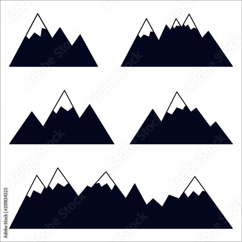 Mountain silhouettes with snowy peaks. Vector collection of high mountain ridges. Black icons on white background.