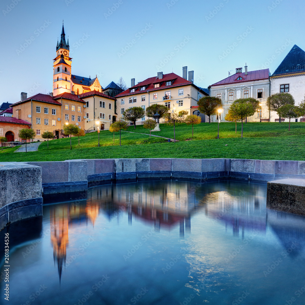 Slovakia - Kremnica with reflection in fountain at night