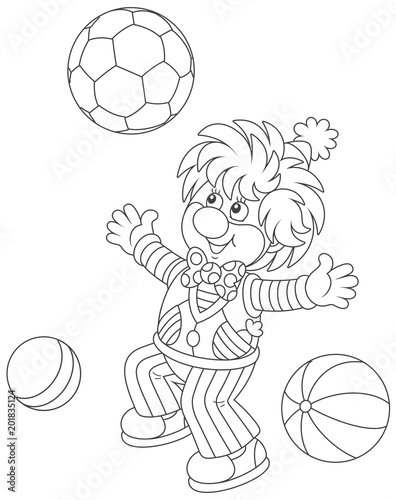 Funny circus clown playing with balls, black and white vector illustration in a cartoon style for a coloring book