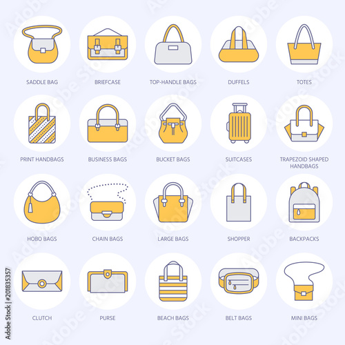 Women handbags flat line icons. Bags types - crossbody, backpacks, clutch, totes, hobo, leather briefcase, luggage. Trendy accessories colored thin linear signs for fashion store.