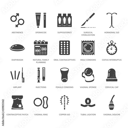 Contraceptive method flat glyph icons. Birth control equipment, condoms, oral contraceptives, iud, vaginal ring, sterilization. Safe sex signs for medical clinic. Solid silhouette pixel perfect 64x64.