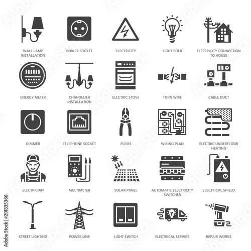 Electricity engineering vector flat glyph icons. Electrical equipment, power socket, torn wire, energy meter, lamp, wiring multimeter. Electrician services signs. Solid silhouette pixel perfect 64x64.