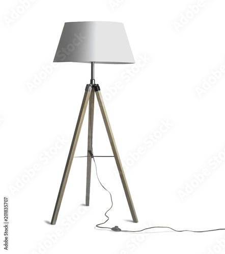 Tripod Floor Lamp with three wooden legs and trailing switch cable