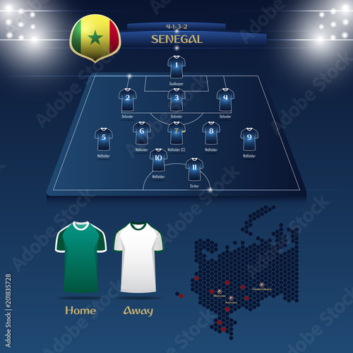 Team Senegal soccer jersey or football kit with match formation tactic infographic. Football player position on football pitch and stadium map. Vector Illustration.