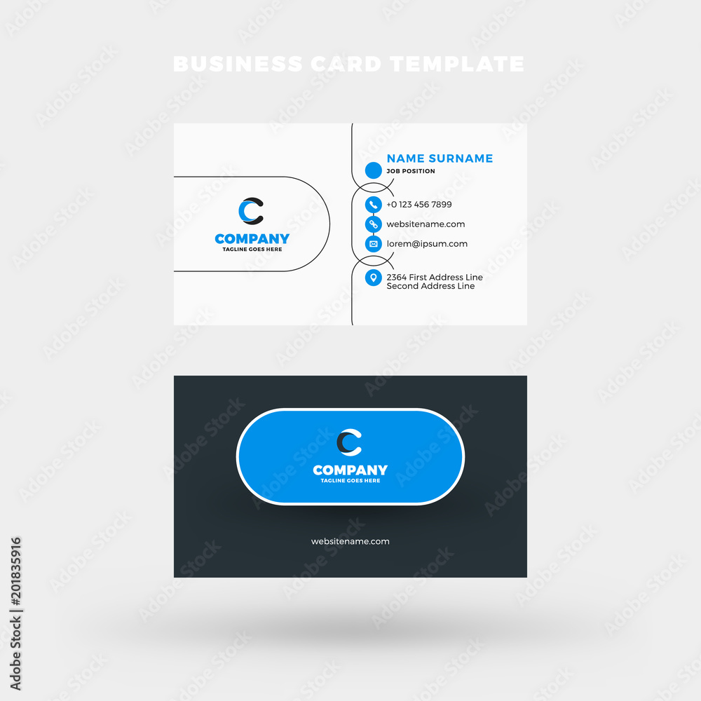 Double-sided horizontal business card template. Vector mockup illustration. Stationery design. Blue and black color theme Double-sided horizontal business card template. Vector mockup illustration. Stationery design. Blue and black color theme