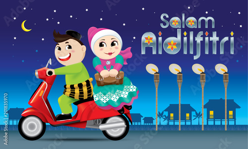 A couple is on the way back to their hometown  ready to celebrate Raya festival with their family. The words  Salam Aidilfitri  means happy Hari Raya.