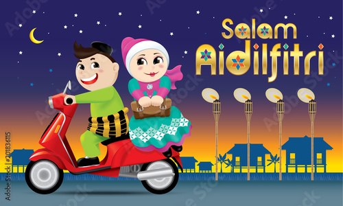 A couple is on the way back to their hometown, ready to celebrate Raya festival with their family. The words "Salam Aidilfitri" means happy Hari Raya.