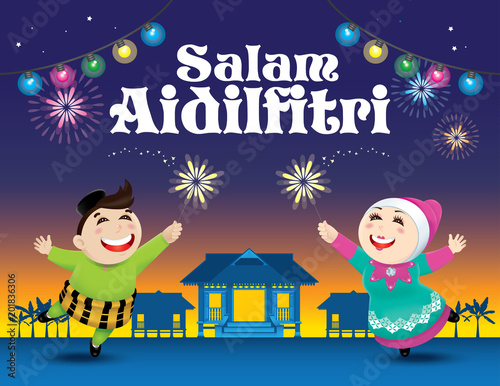 A boy and a girl is playing with fireworks during their Raya festival celebration. With village scene. The words "Salam Aidilfitri" means happy Hari Raya.