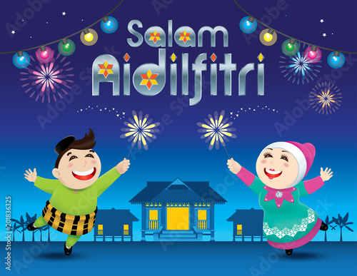 A boy and a girl is playing with fireworks during their Raya festival celebration. With village scene. The words "Salam Aidilfitri" means happy Hari Raya.