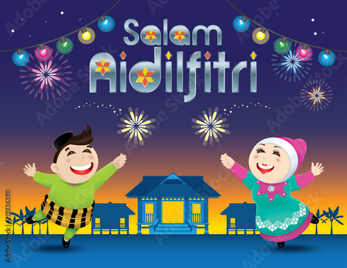 A boy and a girl is playing with fireworks during their Raya festival celebration. With village scene. The words "Salam Aidilfitri" means happy Hari Raya.