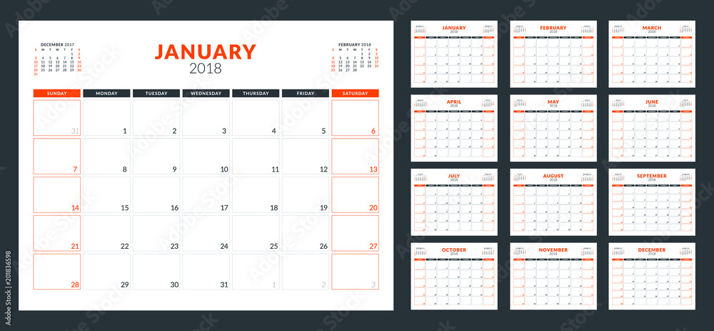 Calendar planner for 2018 year. Week starts on Sunday. Vector design print template Calendar planner for 2018 year. Week starts on Sunday. Vector design print template