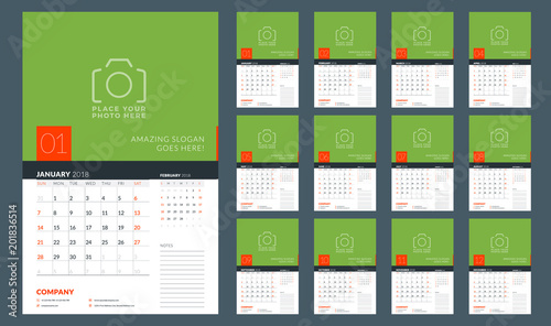 Calendar planner for 2018 year. Week starts on Sunday. Vector design print template