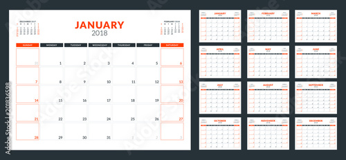 Calendar planner for 2018 year. Week starts on Sunday. Vector design print template