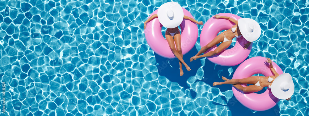 women swimming on float in a pool. 3d rendering - obrazy, fototapety, plakaty 