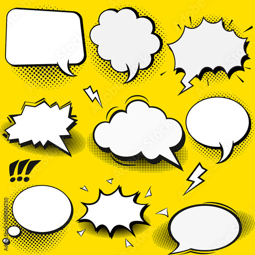 Vector set of stickers of speech bubbles. Blank empty white speech bubbles