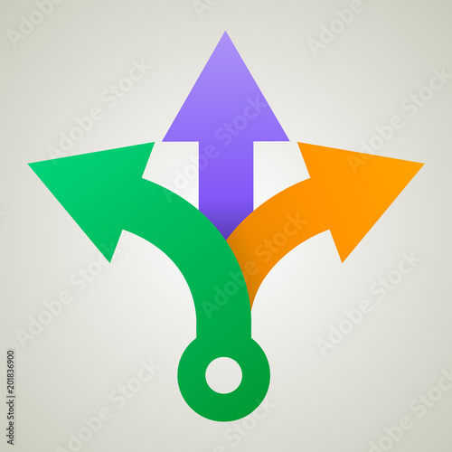 Three way direction arrows. Simple color triple arrow heads sign.