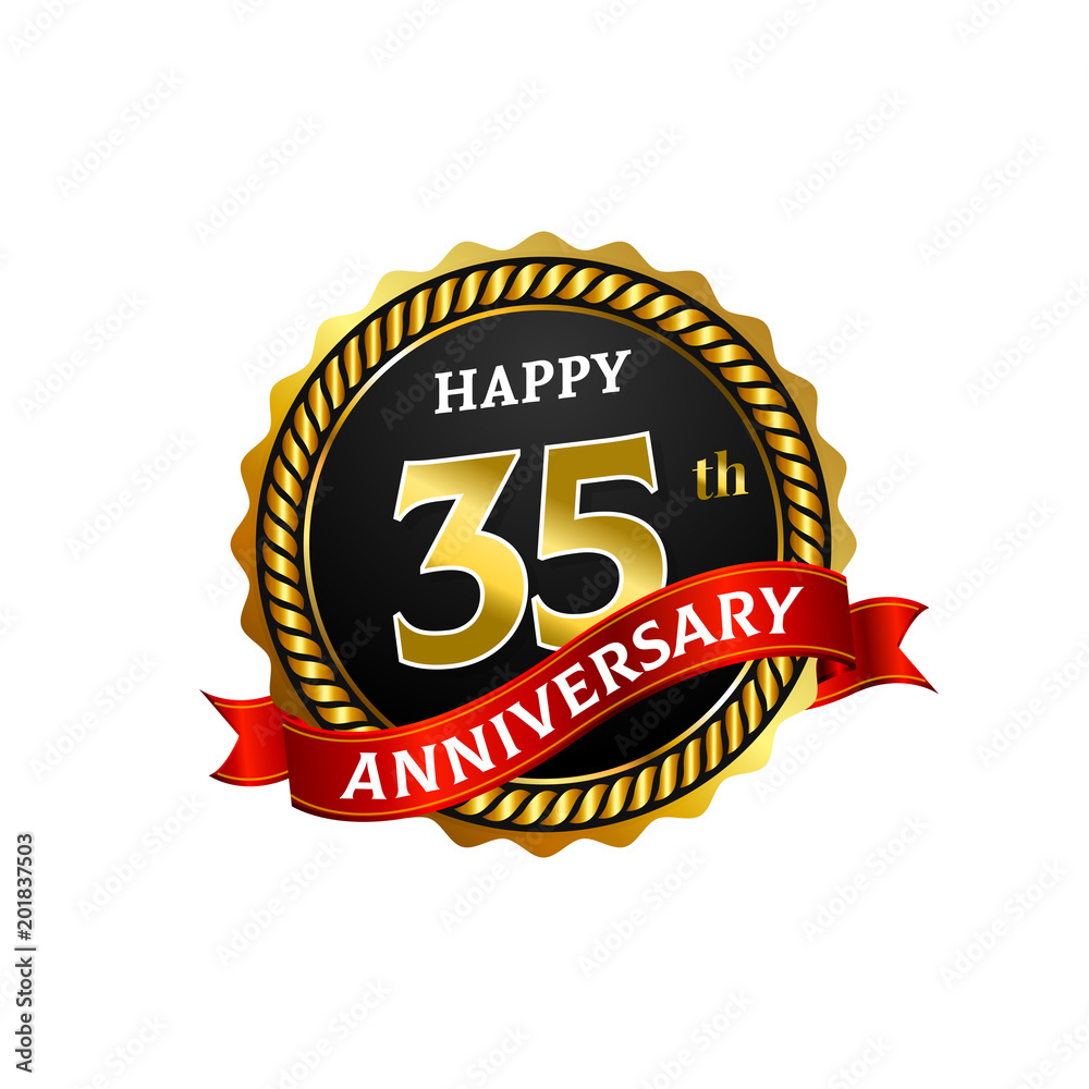 Happy 35 Years Anniversary Golden Badge Logo with ring and ribbon. Happy 35 Years Anniversary Golden Badge Logo with ring and ribbon.