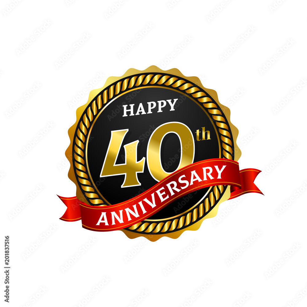 Happy 40 Years Anniversary Golden Badge Logo with ring and ribbon. Happy 40 Years Anniversary Golden Badge Logo with ring and ribbon.