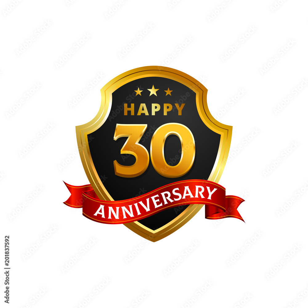 Happy 30 Anniversary Golden Shield badge logo with ribbon Happy 30 Anniversary Golden Shield badge logo with ribbon