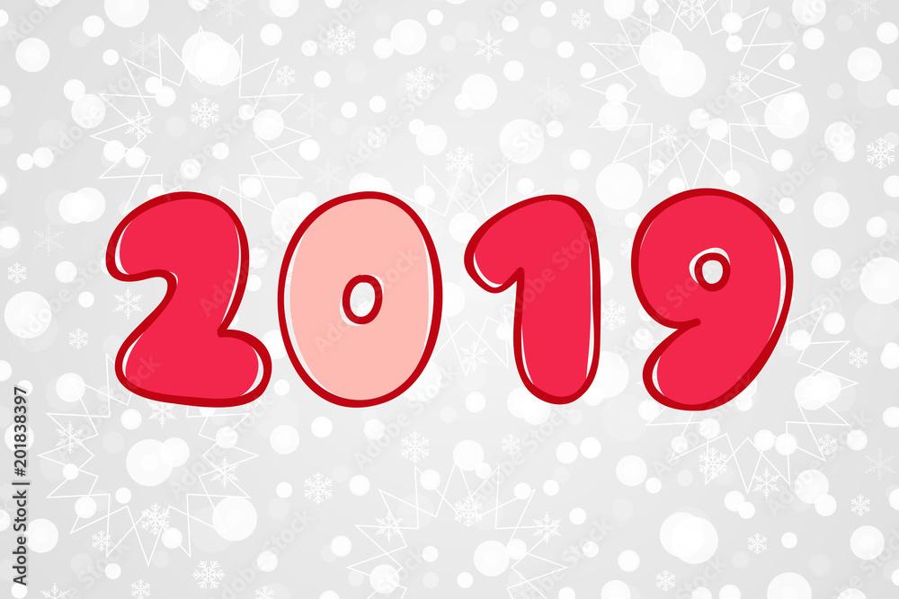 Happy New Year 2019 red and pink vector sketch illustration. Winter holiday snow pattern for celebration. White and gray decorative background with snowflakes, sparkles, lights Happy New Year 2019 red and pink vector sketch illustration. Winter holiday snow pattern for celebration. White and gray decorative background with snowflakes, sparkles, lights