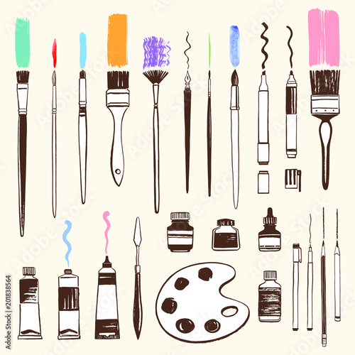 Art tools illustration set, collection. Hand drawn fan, flat, round, watercolor brushes with strokes, nib pen, ink bottle, gouache jar, oil or acrylic tube, crayon, pencil, marker, palette knife.
