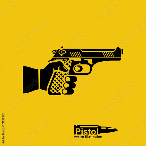 Pistol silhouette,hold in hand male. Gun pictogram in man. Firearms isolated on background. Man is armed for protection or attack. Vector illustration flat design. attacker or cop.
