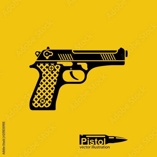 Pistol black silhouette isolated on yellow background. Automatic weapon pictogram. Handgun police. Semi-automatic pistol. Vector illustration flat design. Gun firearms.