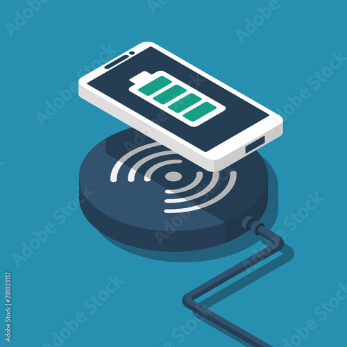 Wireless charging for smartphone. Innovative modern technological accessories. Vector illustration isometric flat design. Isolated on white background. 3d style. Charging mobile.
