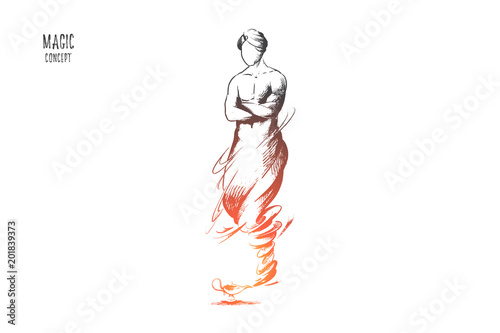Magic concept. Hand drawn cartoon Genie coming out of magic lamp. Genie Aladdin from famous fairytale isolated vector illustration.