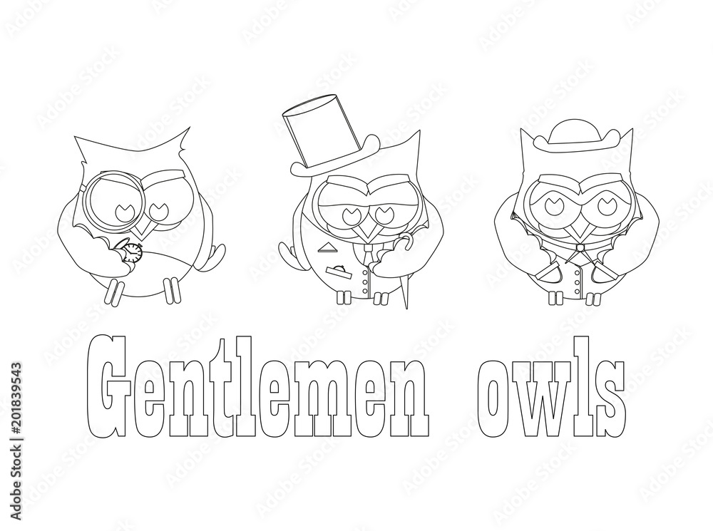 Funny owls gentlemen, set on isolated background