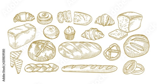 Bundle of breads, bakery products and pastry of different types, shapes and s...