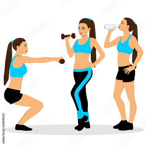 Girl with dumbbells. The girl is drinking water. Exercises.
