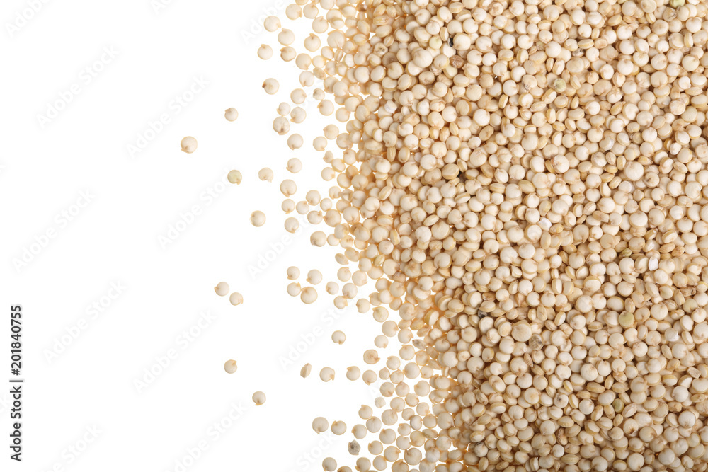 white quinoa seeds isolated on white background with copy space for your text. Top view