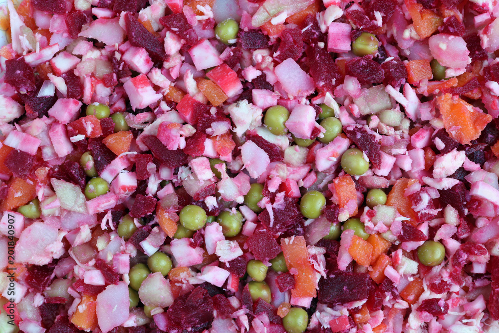 Beetroot salad with crab sticks and other finely chopped vegetables Beetroot salad with crab sticks and other finely chopped vegetables